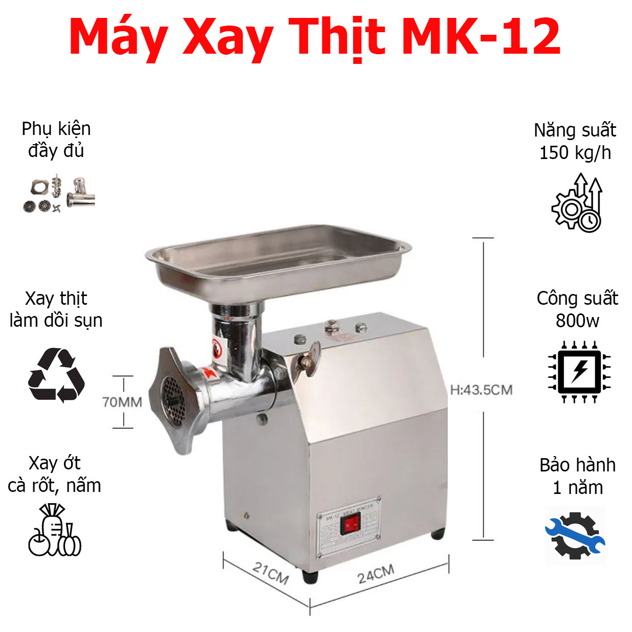 Máy Xay Thịt MK-12 850W Xay 150kg/giờ Dạng Hạt Lựu VinSun Phân Phối Máy Xay Thịt MK-12 850W Xay 150kg/giờ Dạng Hạt Lựu VinSun Phân Phối